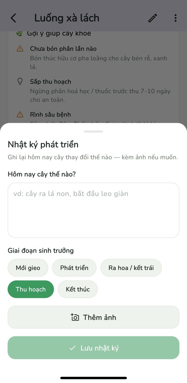 Sheet ghi nhật ký phát triển của cây với ghi chú, ảnh và giai đoạn