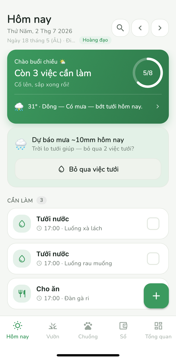 Màn hình Hôm nay: việc cần làm, vòng tiến độ, chuỗi ngày và gợi ý bỏ tưới khi trời mưa