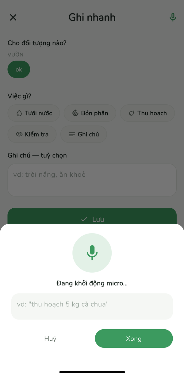 Ghi nhật ký bằng giọng nói, đang nghe micro